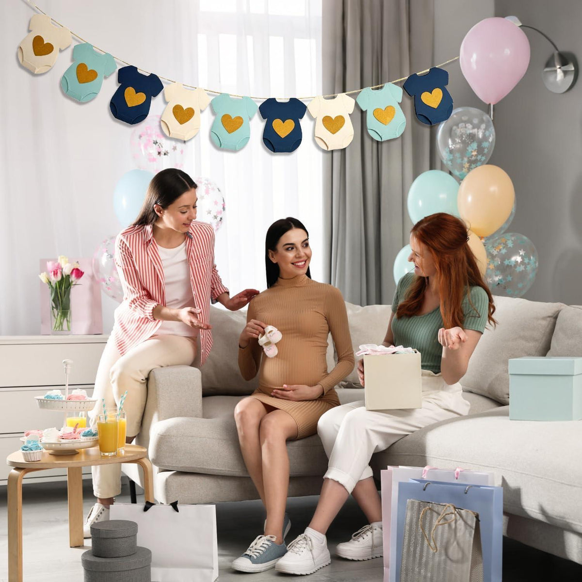 Babyparty Girlande Weiß Blau Beige | Deko für Babyparty & Kinderzimmer
