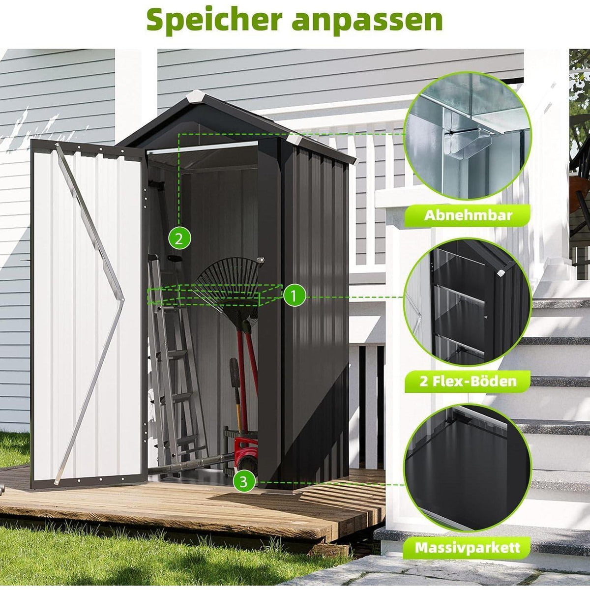 Metall Gartenschuppen 88x69x160cm mit Boden & Einlegeböden