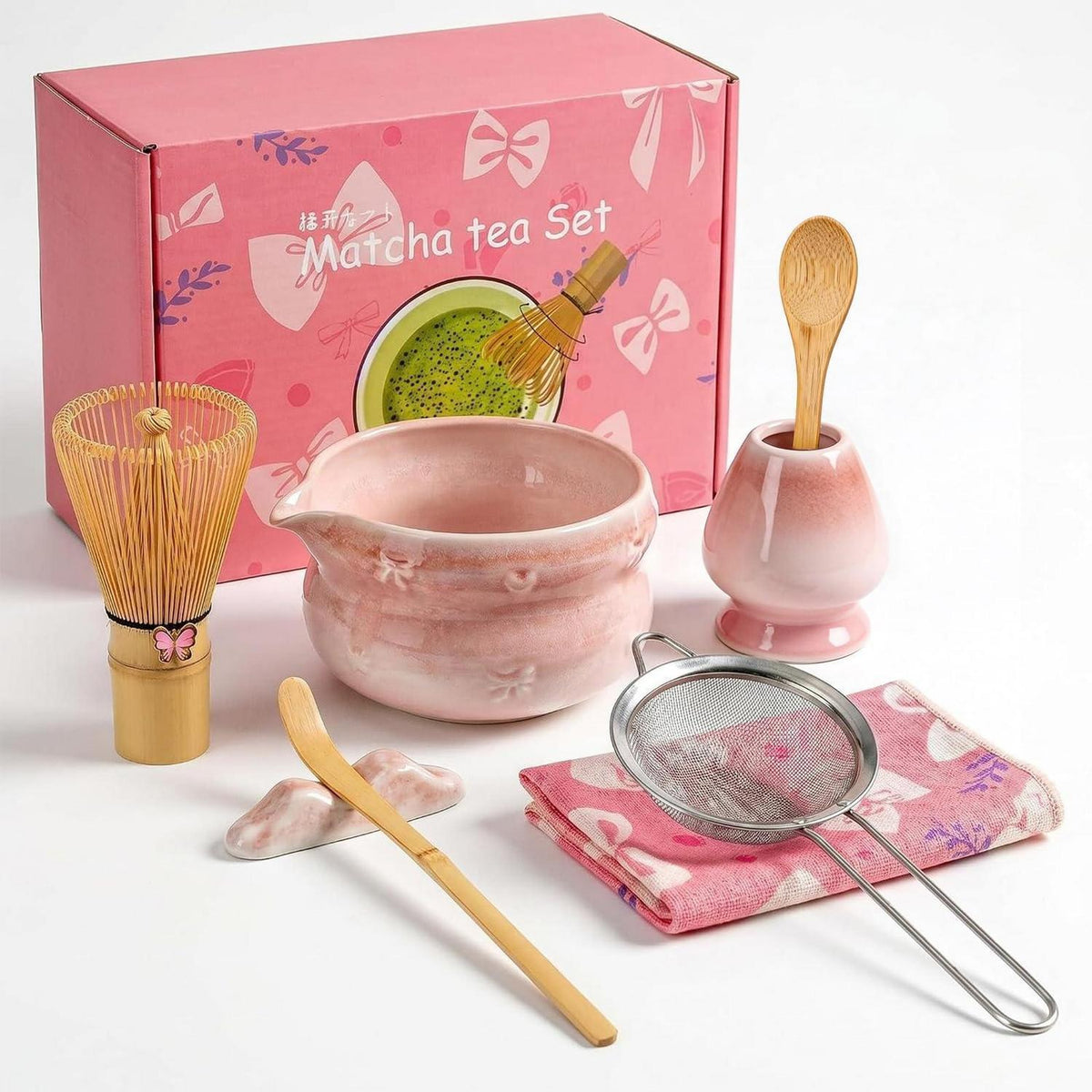 Matcha Set 8-teilig – Premium Teezeremonie Rosa mit Schleife