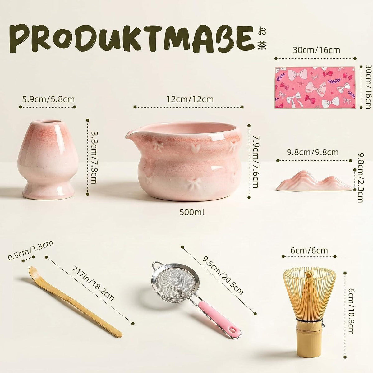 Matcha Set 8-teilig – Premium Teezeremonie Rosa mit Schleife