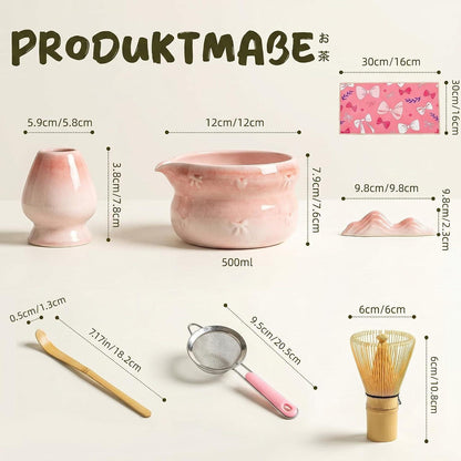 Matcha Set 8-teilig – Premium Teezeremonie Rosa mit Schleife