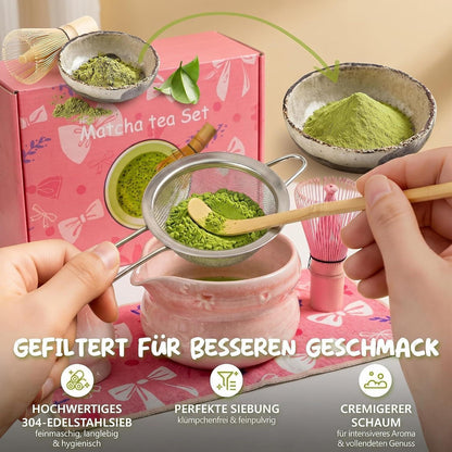 Matcha Set 8-teilig – Premium Teezeremonie Rosa mit Schleife