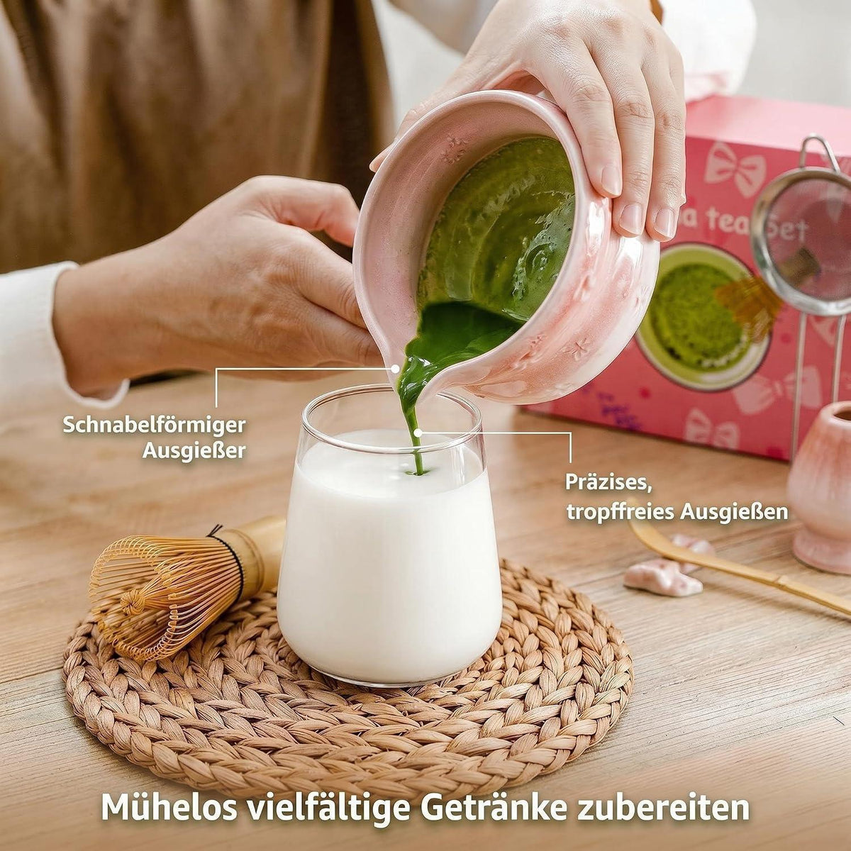 Matcha Set 8-teilig – Premium Teezeremonie Rosa mit Schleife