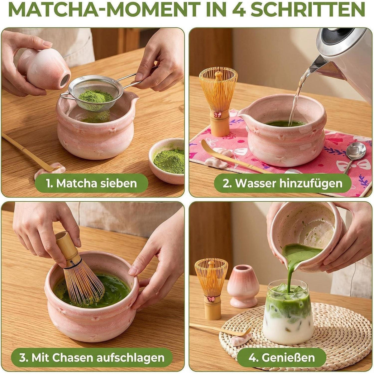 Matcha Set 8-teilig – Premium Teezeremonie Rosa mit Schleife