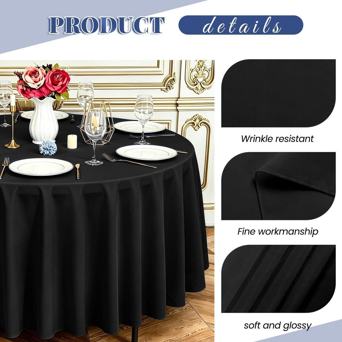 10x Runde Tischdecke Schwarz – 228 cm, Waschbar