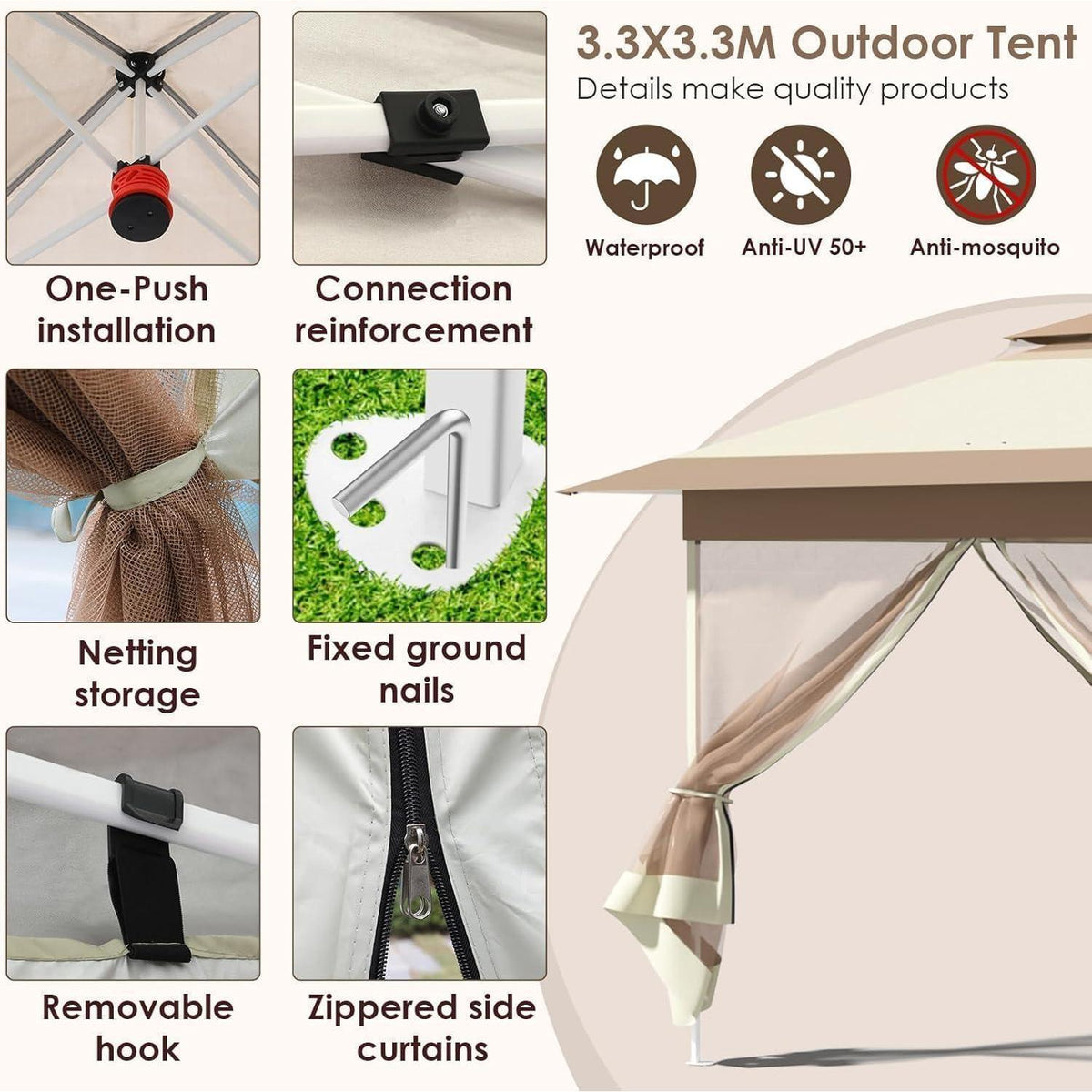 3x3m Pavillon mit Moskitonetzen – Wasserdicht & UV-Schutz