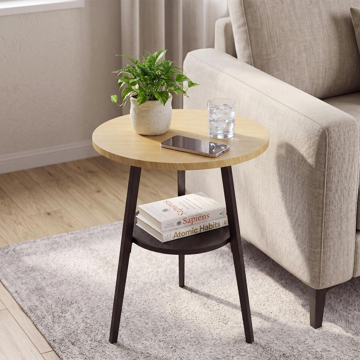 Runder Beistelltisch Eiche | Vintage Couchtisch mit 2 Etagen