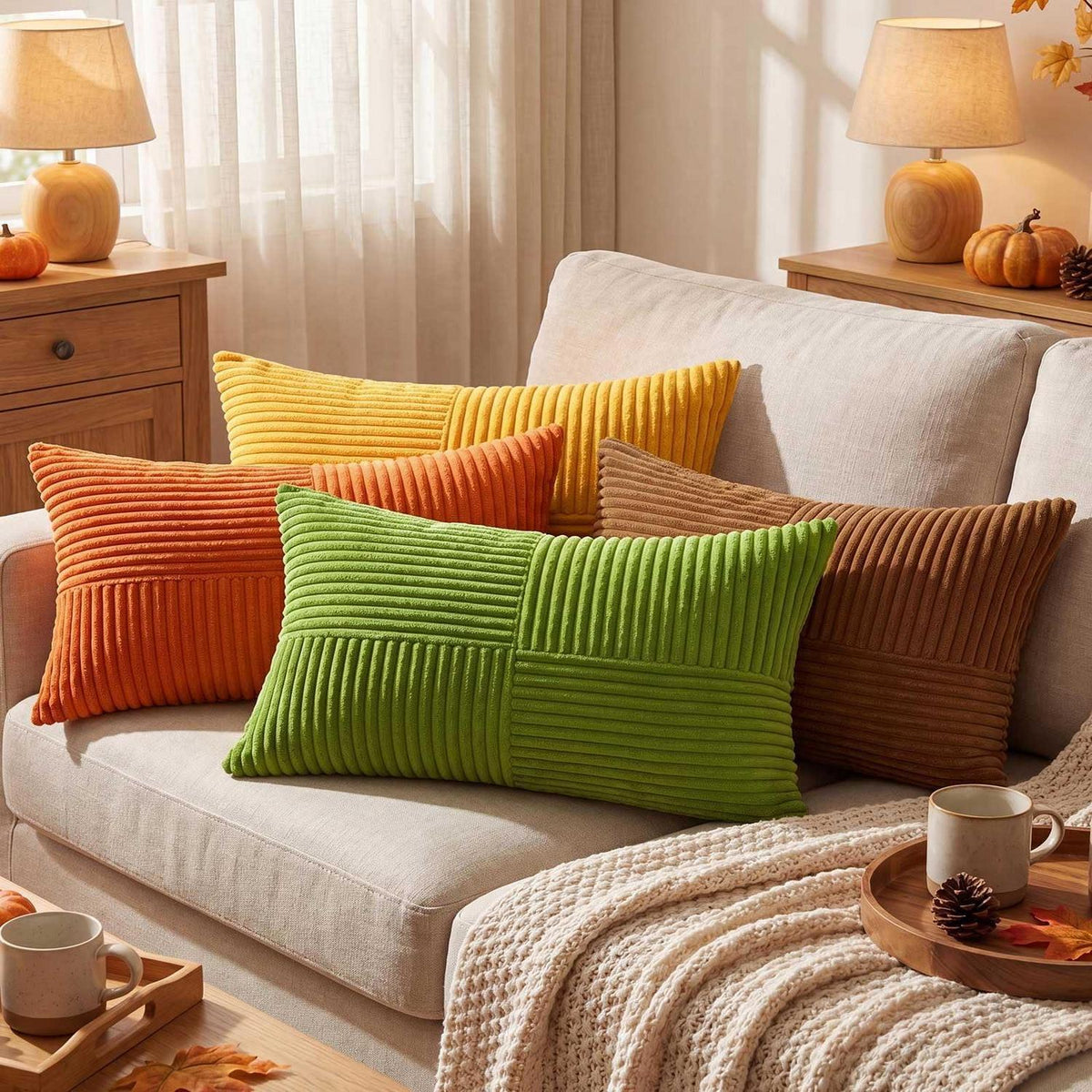 4er Set Herbst Kissenbezüge 40x60 cm Gestreift Plüsch