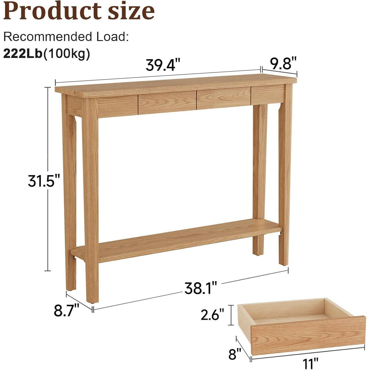 Konsolentisch Holz mit Schubladen – Schmaler Sofatisch für Flur & Wohnzimmer