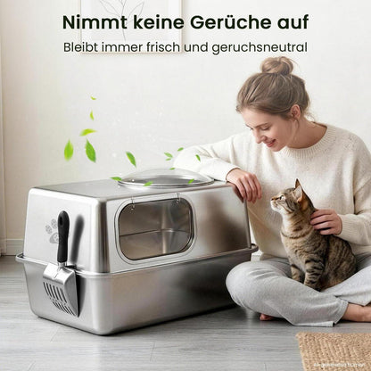 XXL Edelstahl Katzenklo mit Deckel & Streumatte