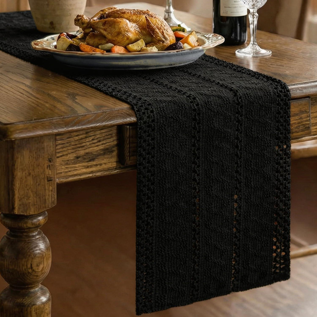 Tischläufer Baumwolle Leinenoptik 30x91 cm Schwarz Boho Rustikal