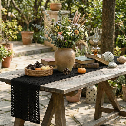 Tischläufer Baumwolle Leinenoptik 30x91 cm Schwarz Boho Rustikal