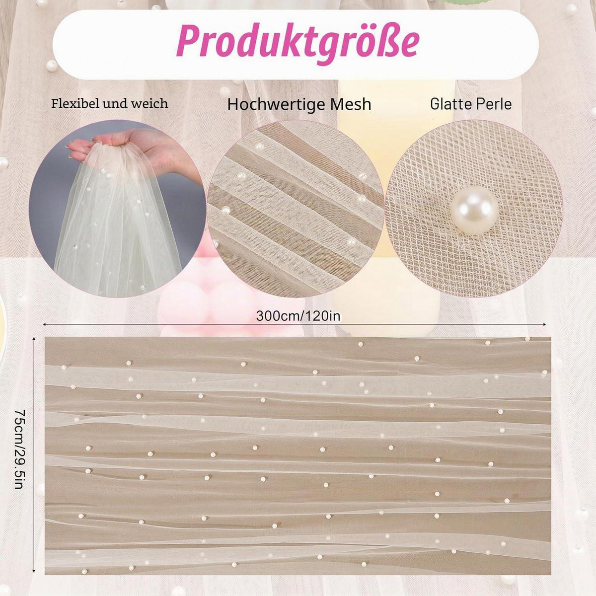 Tischläufer Tüll mit Perlen 75x300cm Beige – Romantische Tischdeko