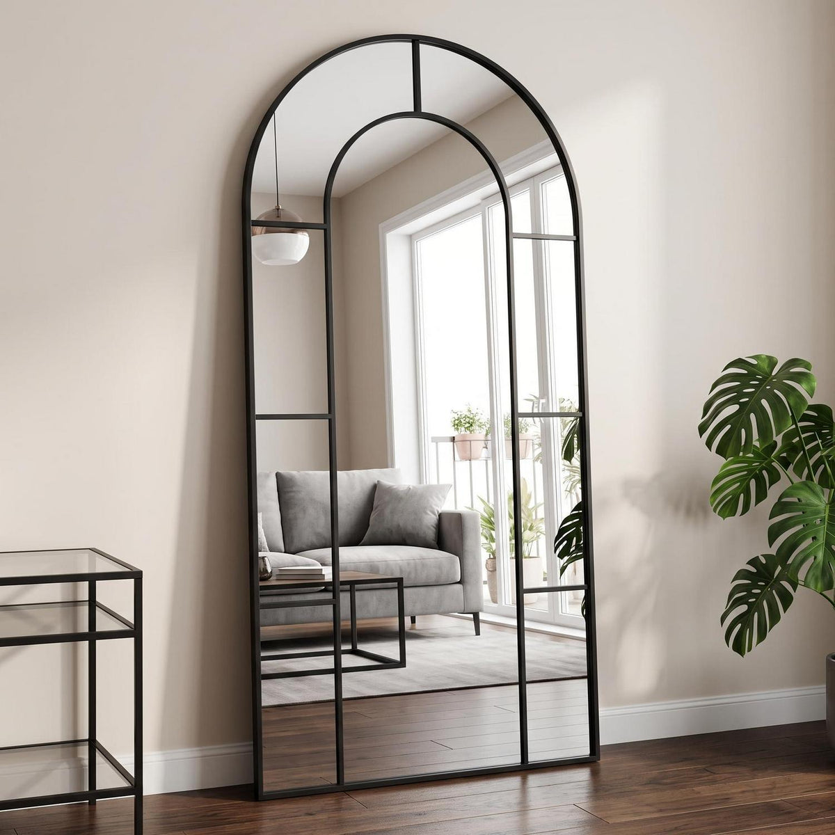 Ganzkörperspiegel Bogen 180x80 cm Schwarz – Standspiegel mit Gitterrahmen