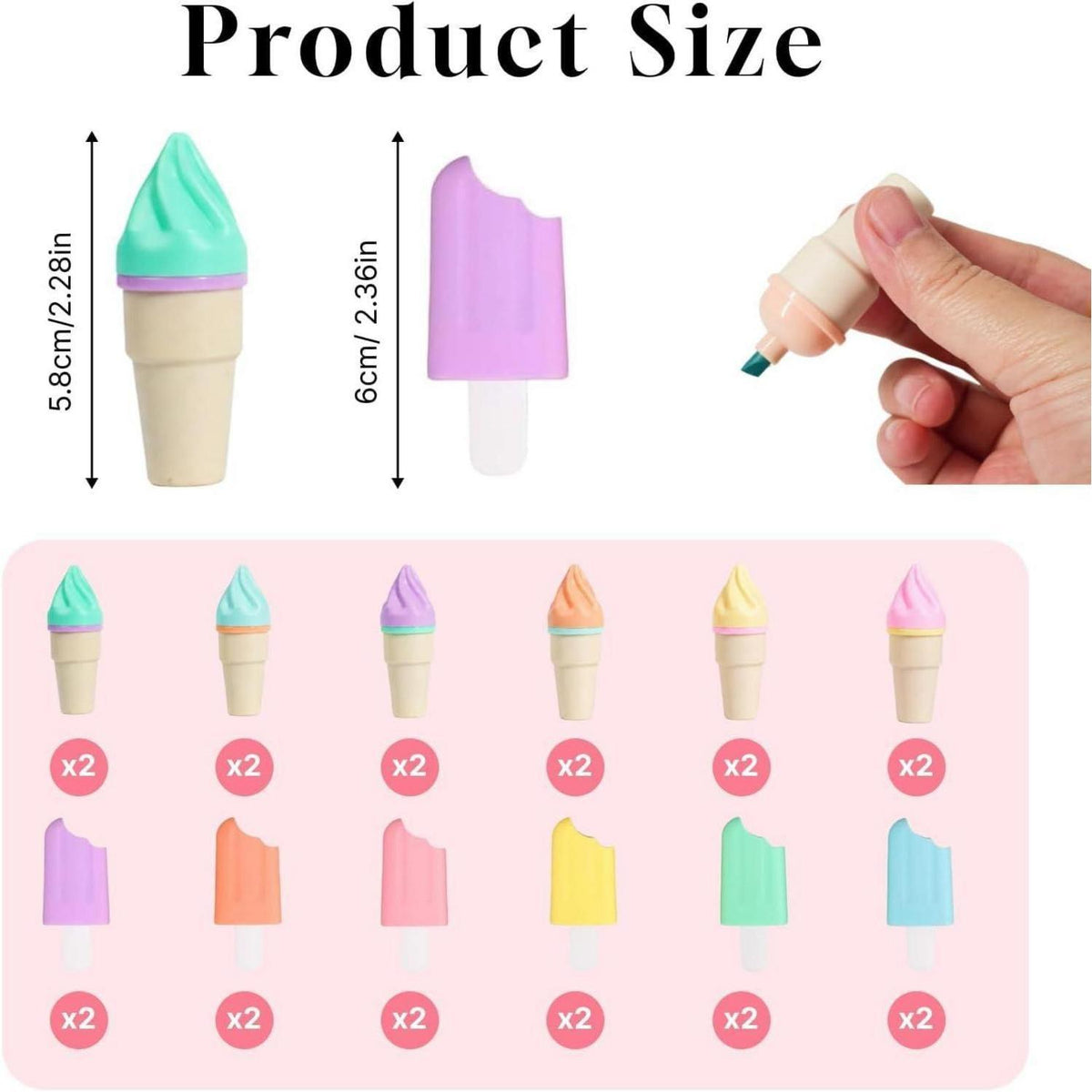 24 Mini Textmarker Set – 6 Pastellfarben, Eisförmig