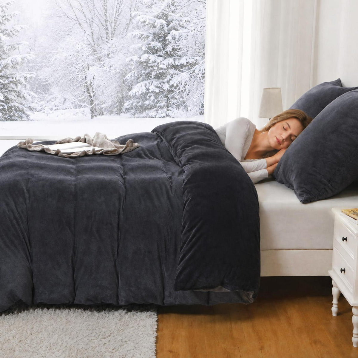 Winter Flanell Bettwäsche Set 220x240cm Schwarz