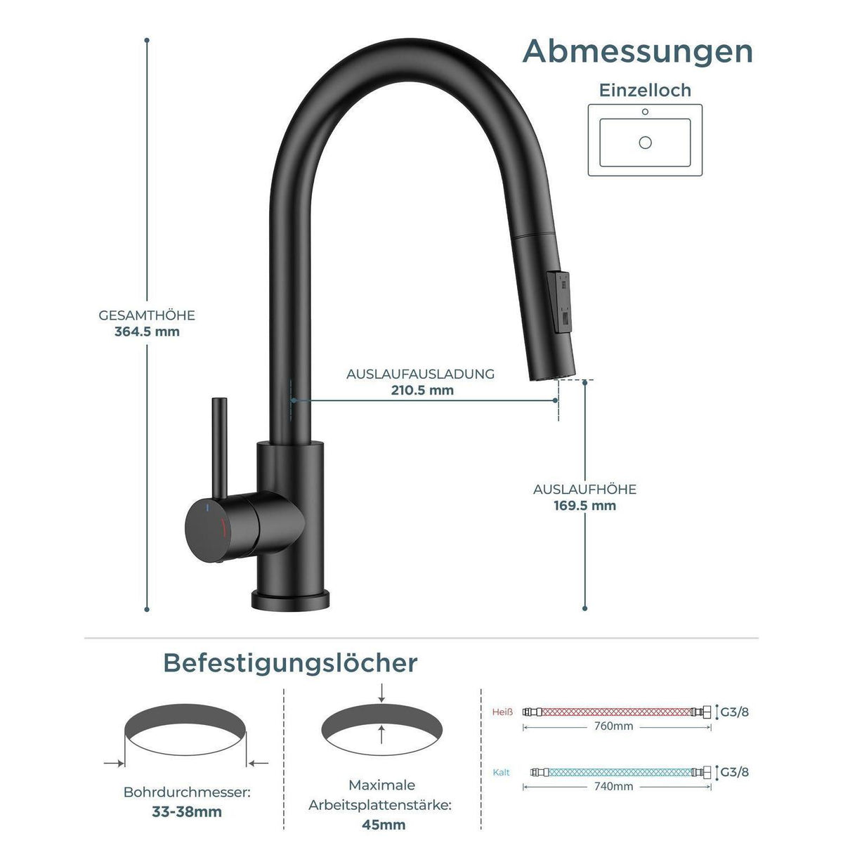 Niederdruck Küchenarmatur mit Handbrause, 360° drehbar