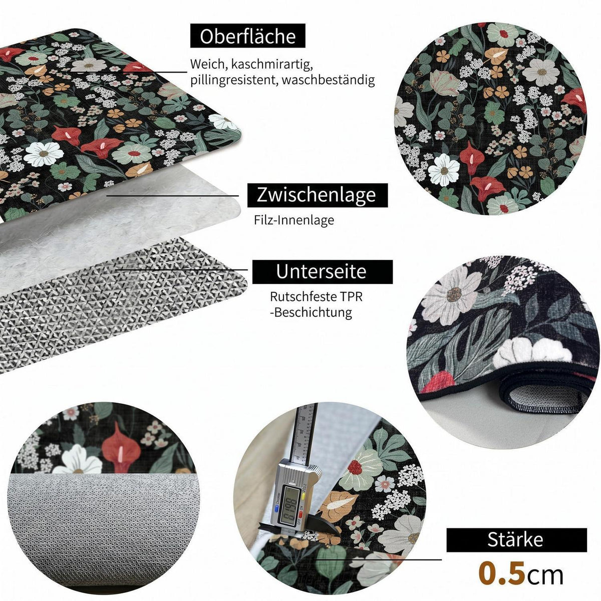 Waschbarer Teppich Schwarz 120x180cm Blumenmuster Boho Wohnzimmer