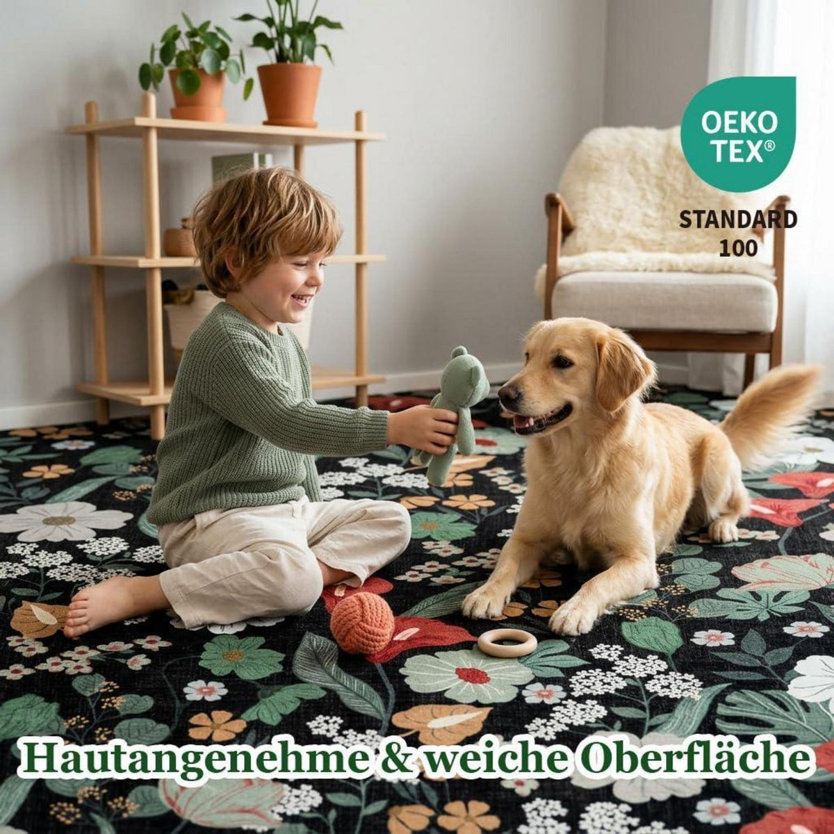 Schwarzer Boho Teppich 200x300 cm | Waschbar & Rutschfest