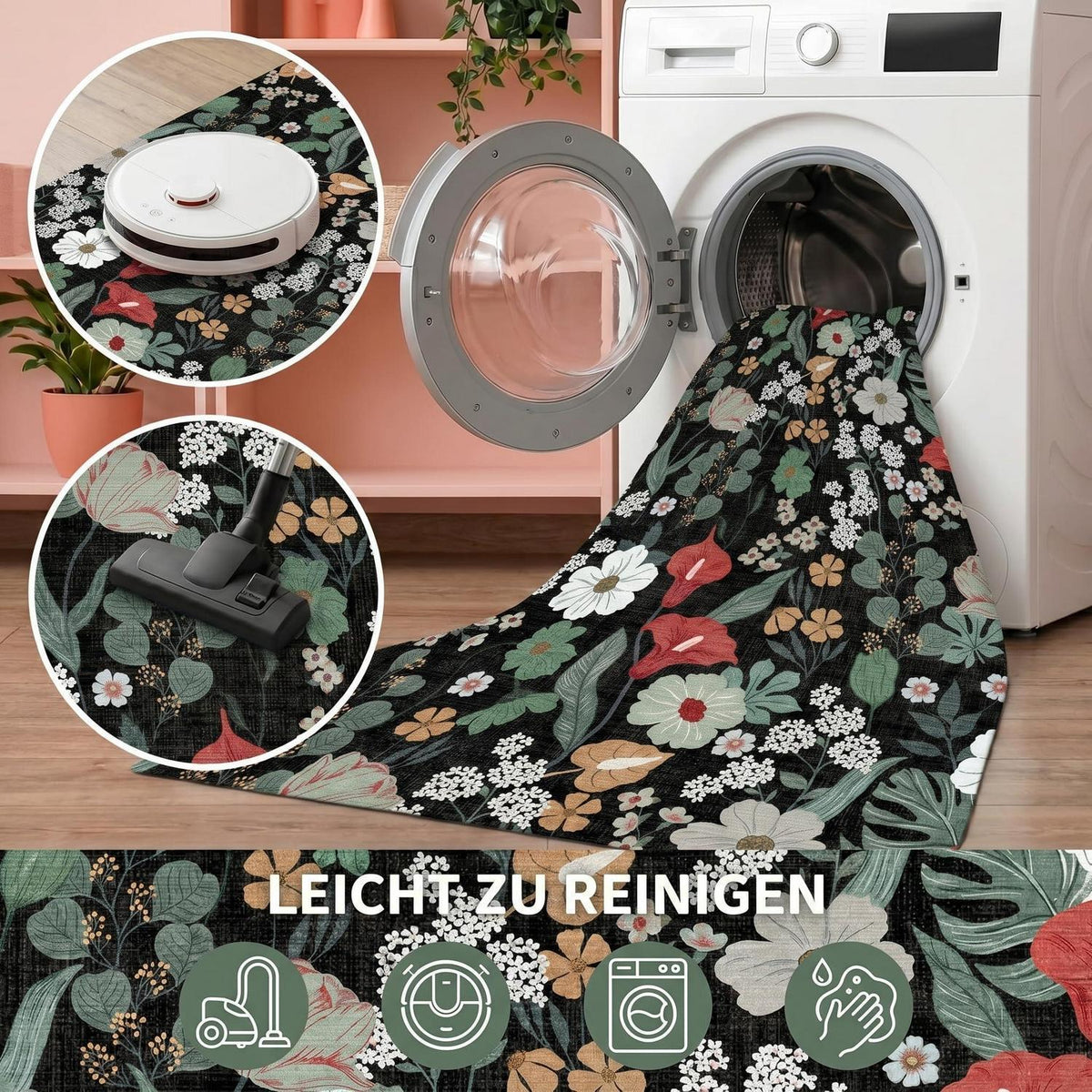 Schwarzer Boho Teppich 200x300 cm | Waschbar & Rutschfest
