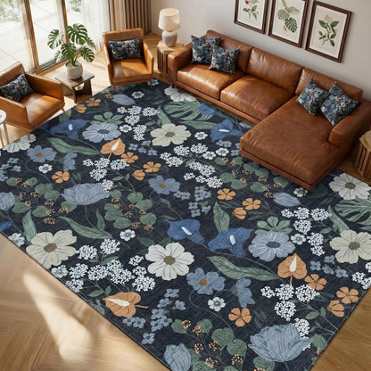 Blauer Vintage Blumen Teppich 160x230cm Waschbar & Rutschfest