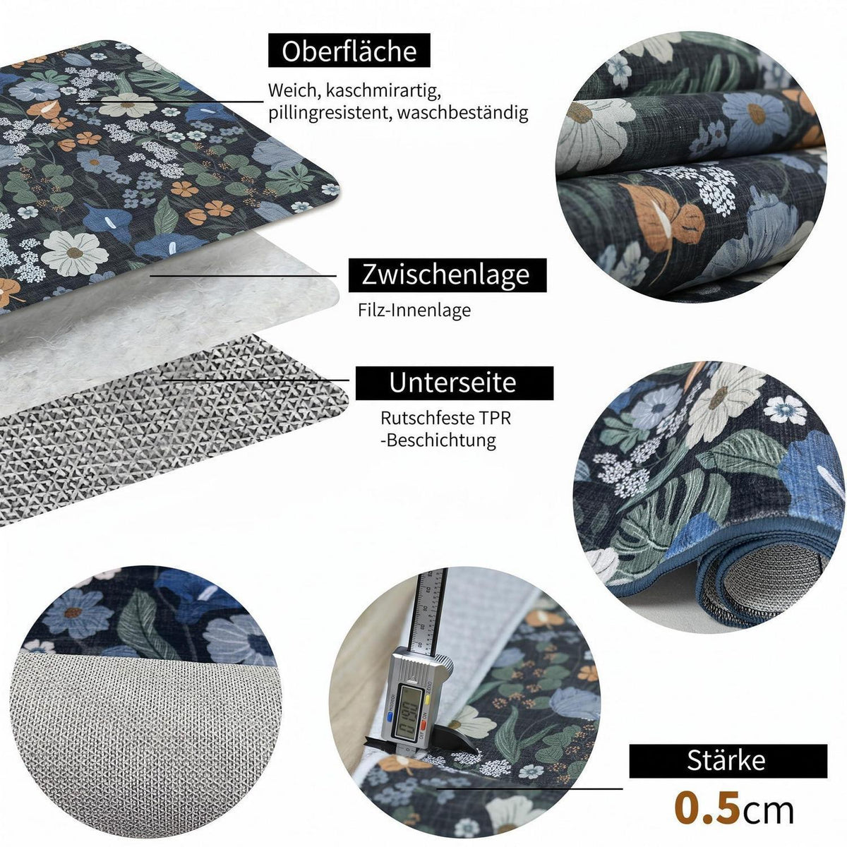 Blauer Vintage Blumen Teppich 160x230cm Waschbar & Rutschfest