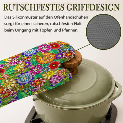 Ofenhandschuhe & Topflappen Set Retro Blumen Silikon Hitzebeständig