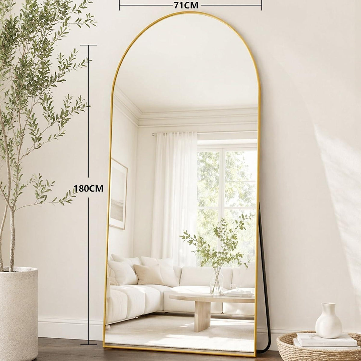 Gewölbter Standspiegel 180x71cm – Goldener Ganzkörperspiegel mit Ständer