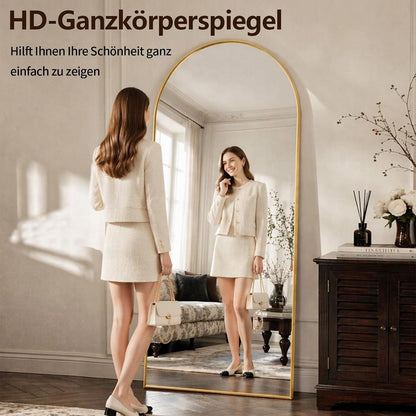 Gewölbter Standspiegel 180x71cm – Goldener Ganzkörperspiegel mit Ständer