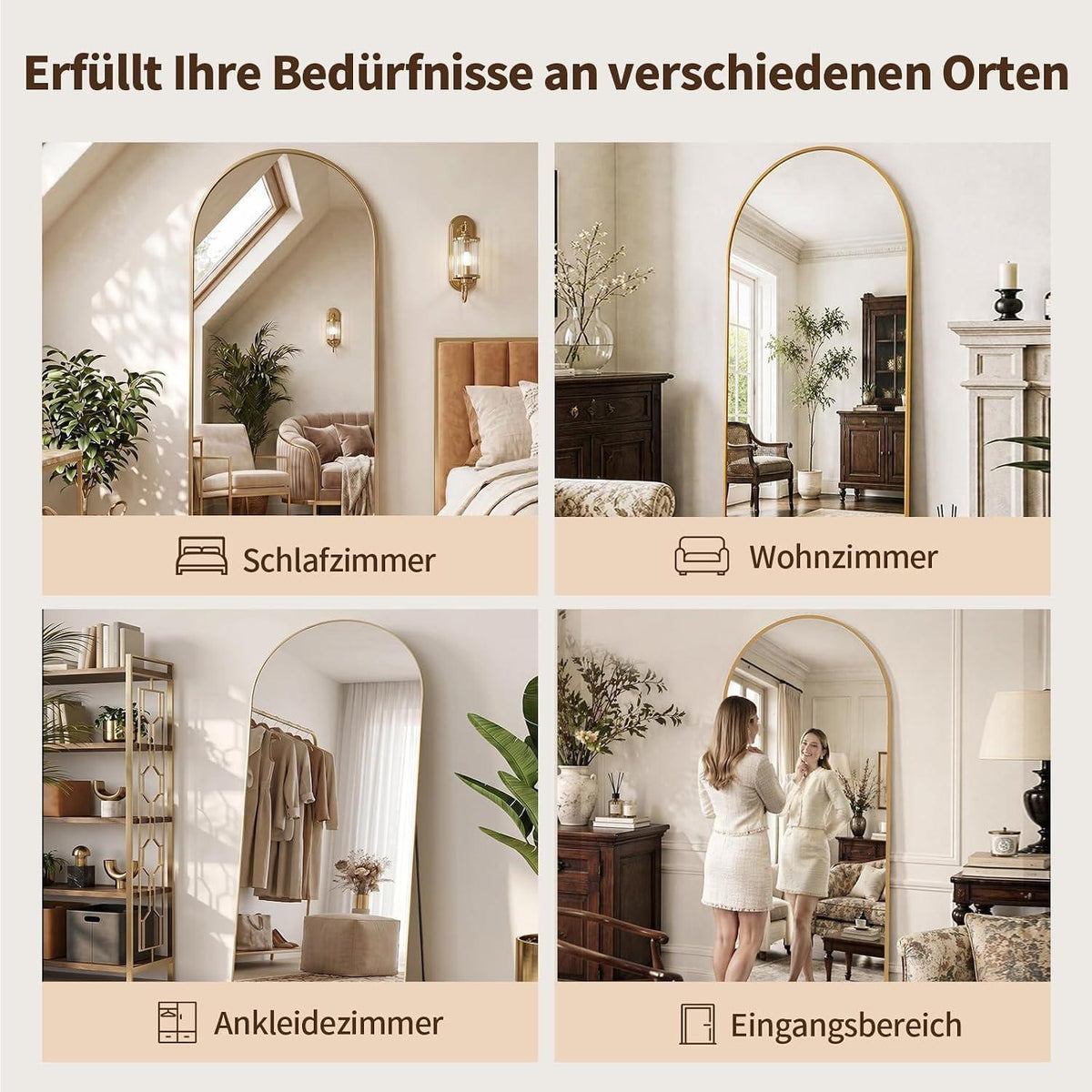 Gewölbter Standspiegel 180x71cm – Goldener Ganzkörperspiegel mit Ständer