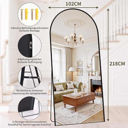 Ganzkörperspiegel 218x102cm – Gewölbt, Stand & Wand, Schwarz