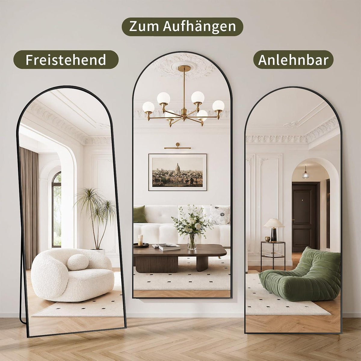 Ganzkörperspiegel Gewölbt 165x70cm – Stand- & Wandspiegel Schwarz