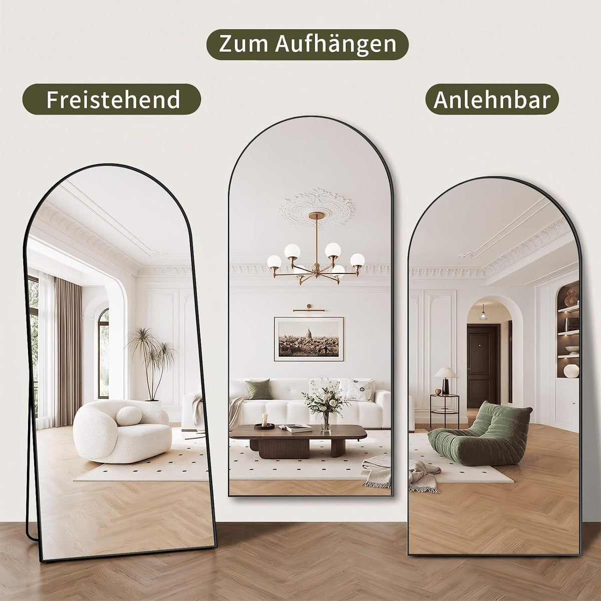 Ganzkörperspiegel 180x76cm – Gewölbt, Stand & Wand, Schwarz