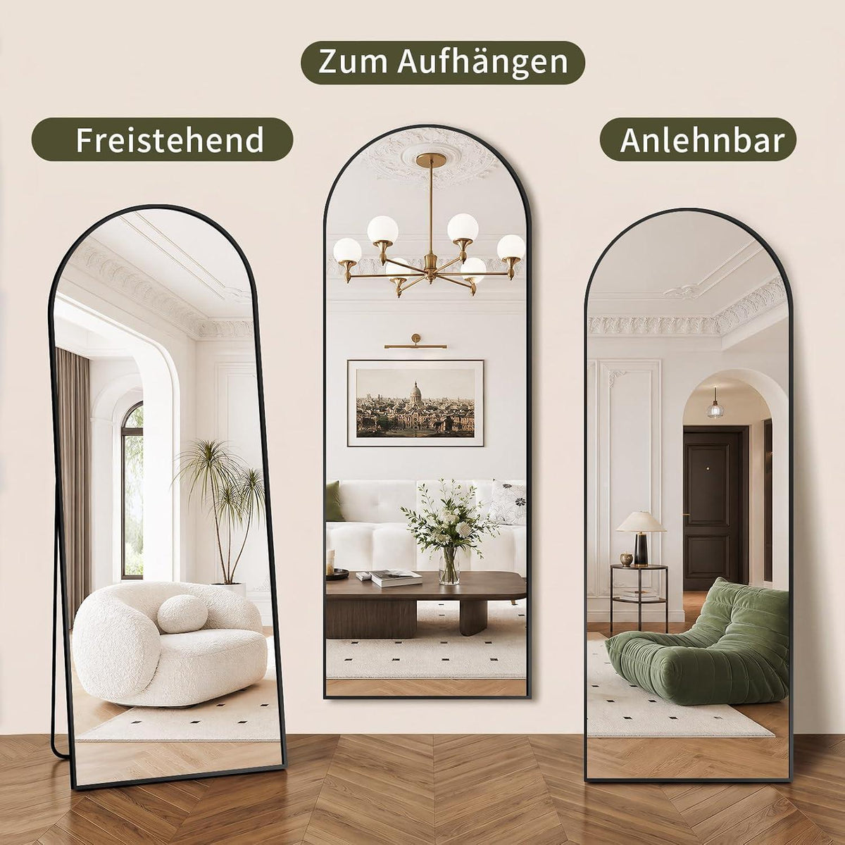 Ganzkörperspiegel Gewölbt 162x53cm – Stand- & Wandspiegel Schwarz