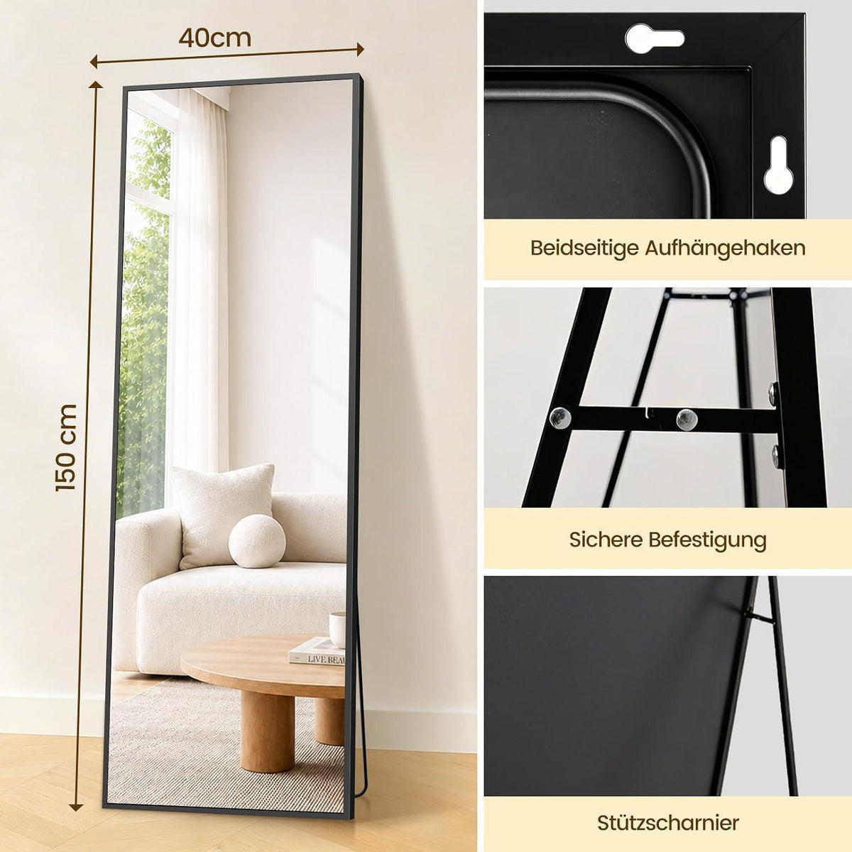 Ganzkörperspiegel 150x40cm – Stand- & Wandspiegel mit Aluminiumrahmen