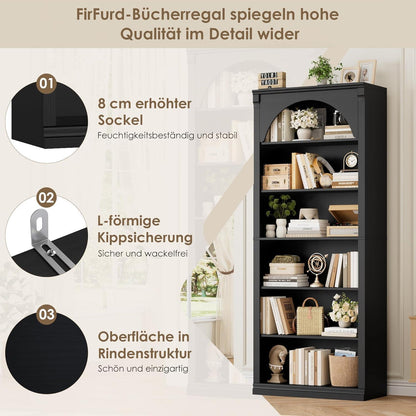 Bücherregal 75 cm | Gewölbter Schrank mit 6 Fächern, Schwarz