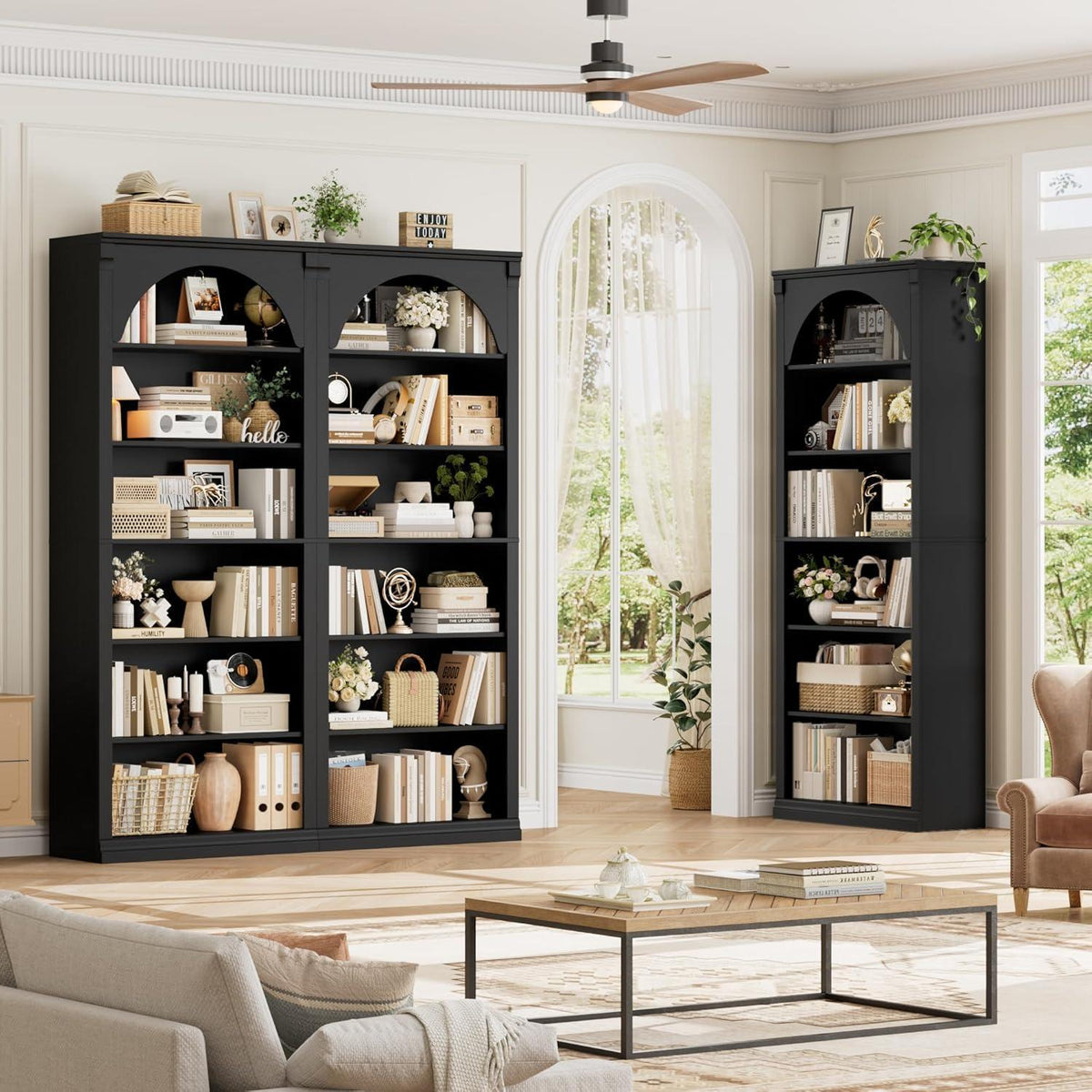 Bücherregal 75 cm | Gewölbter Schrank mit 6 Fächern, Schwarz