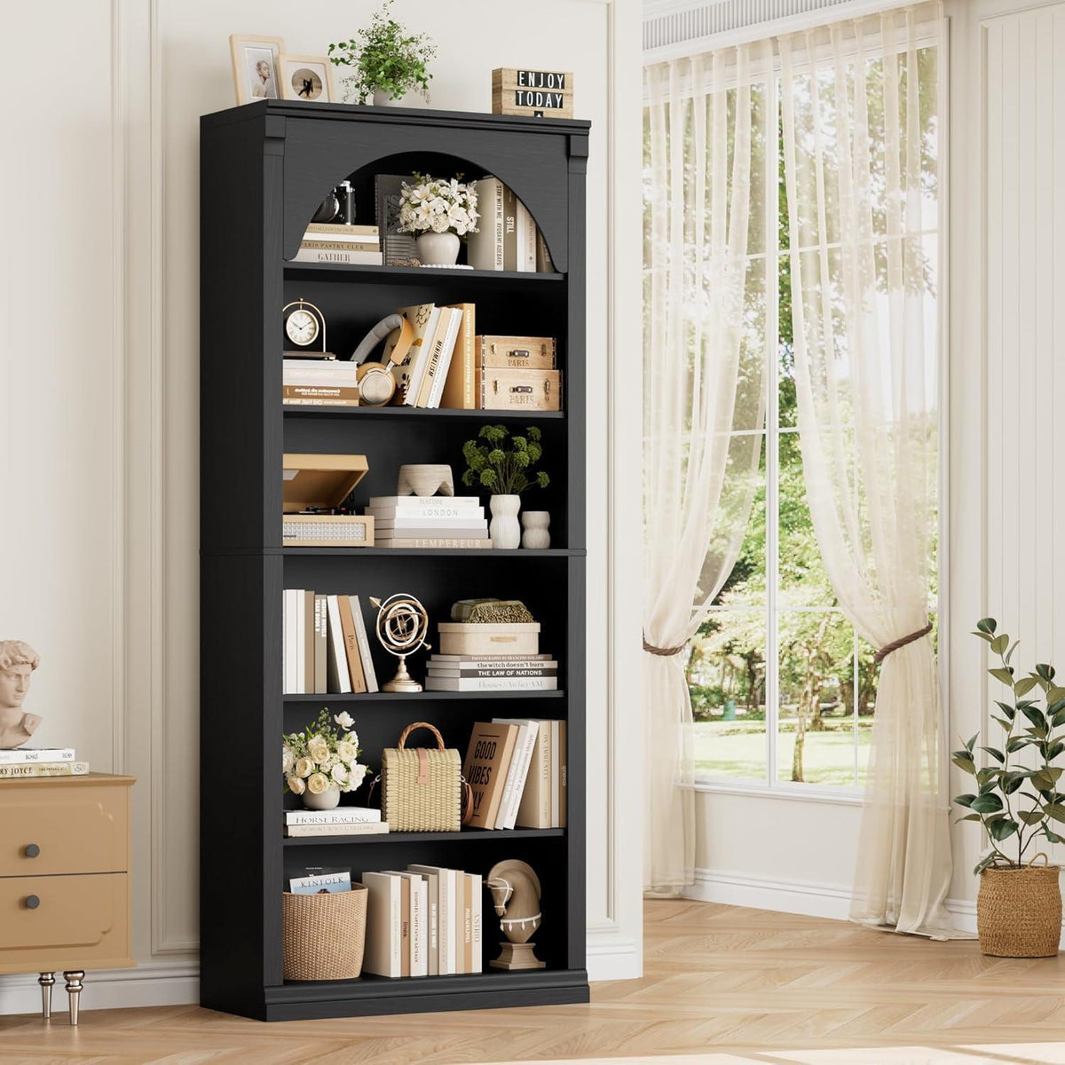 Bücherregal 75 cm | Gewölbter Schrank mit 6 Fächern, Schwarz