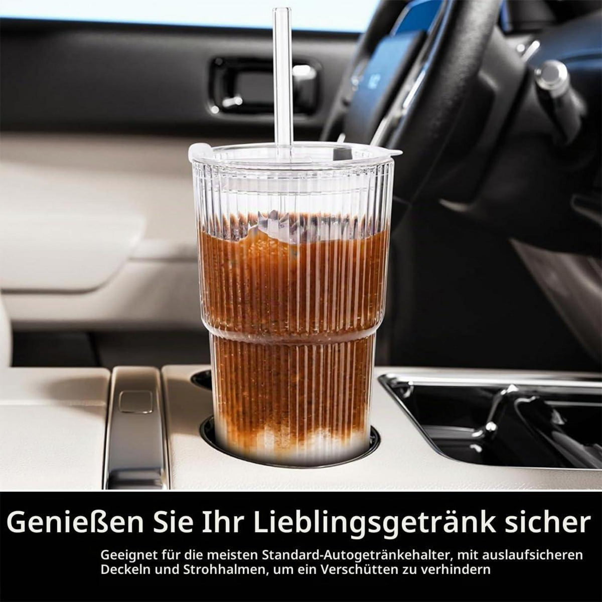 2 Glas Trinkbecher mit Deckel & Strohhalm – 600ml