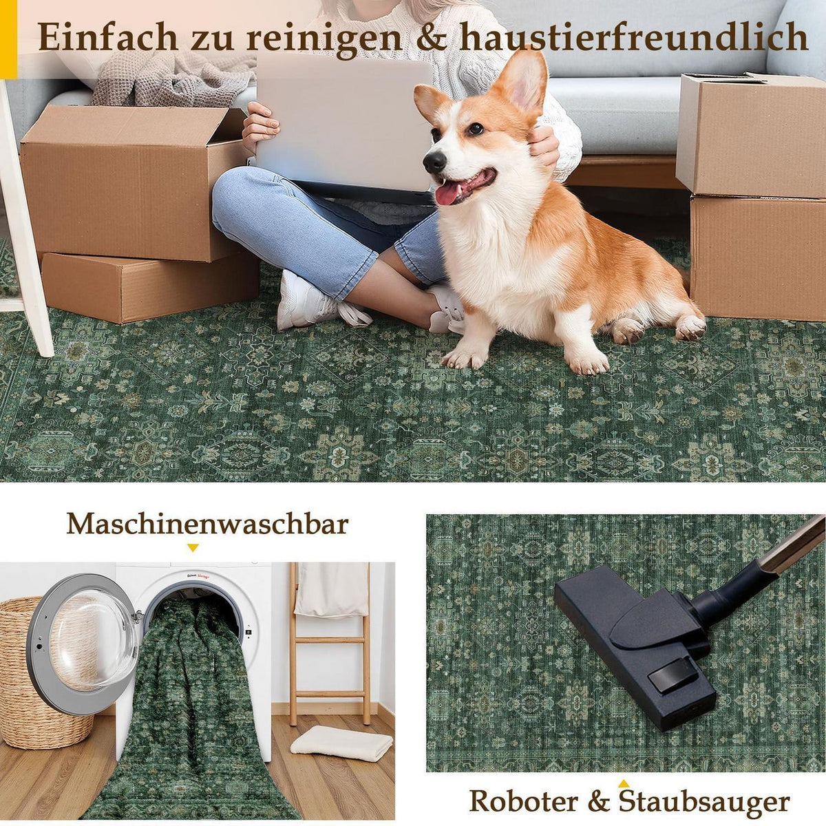 Vintage Teppichläufer Grün 60x240cm - Flur Läufer Retro Design