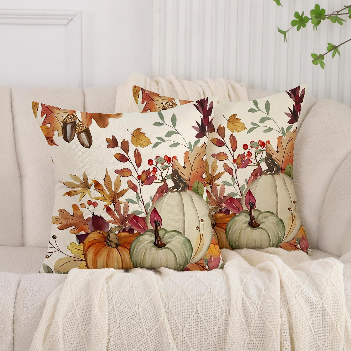 Herbst Kissenbezug 50x50 cm - 2er Set mit Kürbis & Blatt Muster