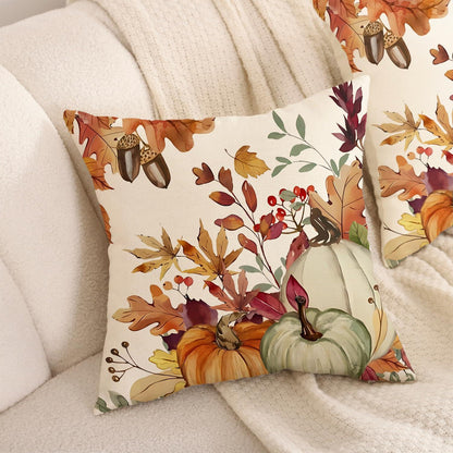 Herbst Kissenbezug 50x50 cm - 2er Set mit Kürbis & Blatt Muster