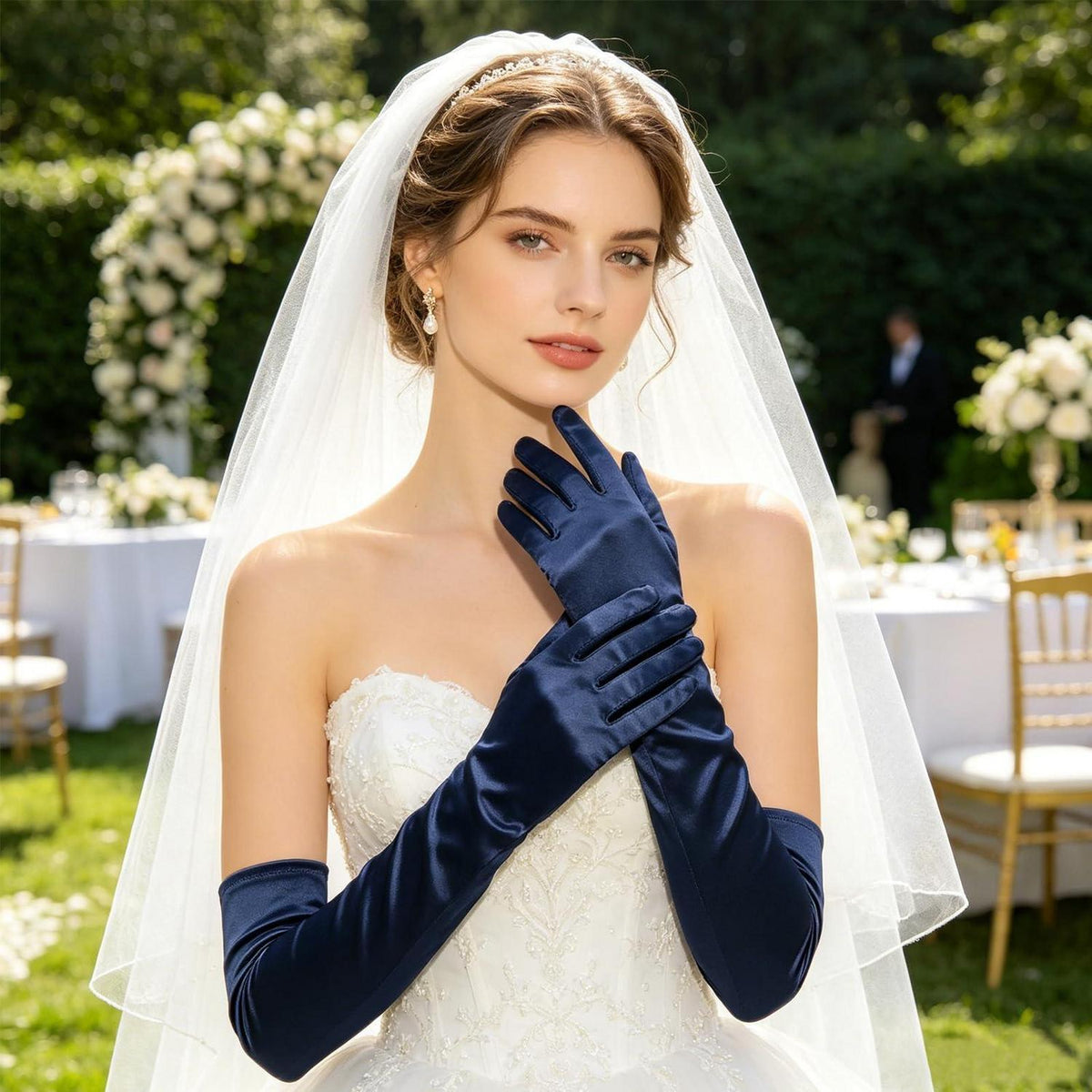 Elegante Satin Handschuhe lang marineblau
