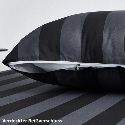 Baumwoll Bettwäsche Set 220x240 Dunkelgrau Gestreift 3-teilig