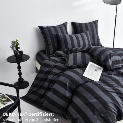 Baumwoll Bettwäsche Set 220x240 Dunkelgrau Gestreift 3-teilig