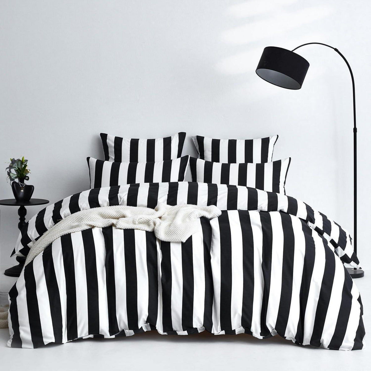 Bettwäsche Set 200x200 Baumwolle Schwarz Weiß Gestreift