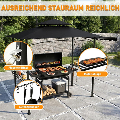 Grillpavillon mit Seitenmarkise & Doppeldach – BBQ Überdachung Schwarz
