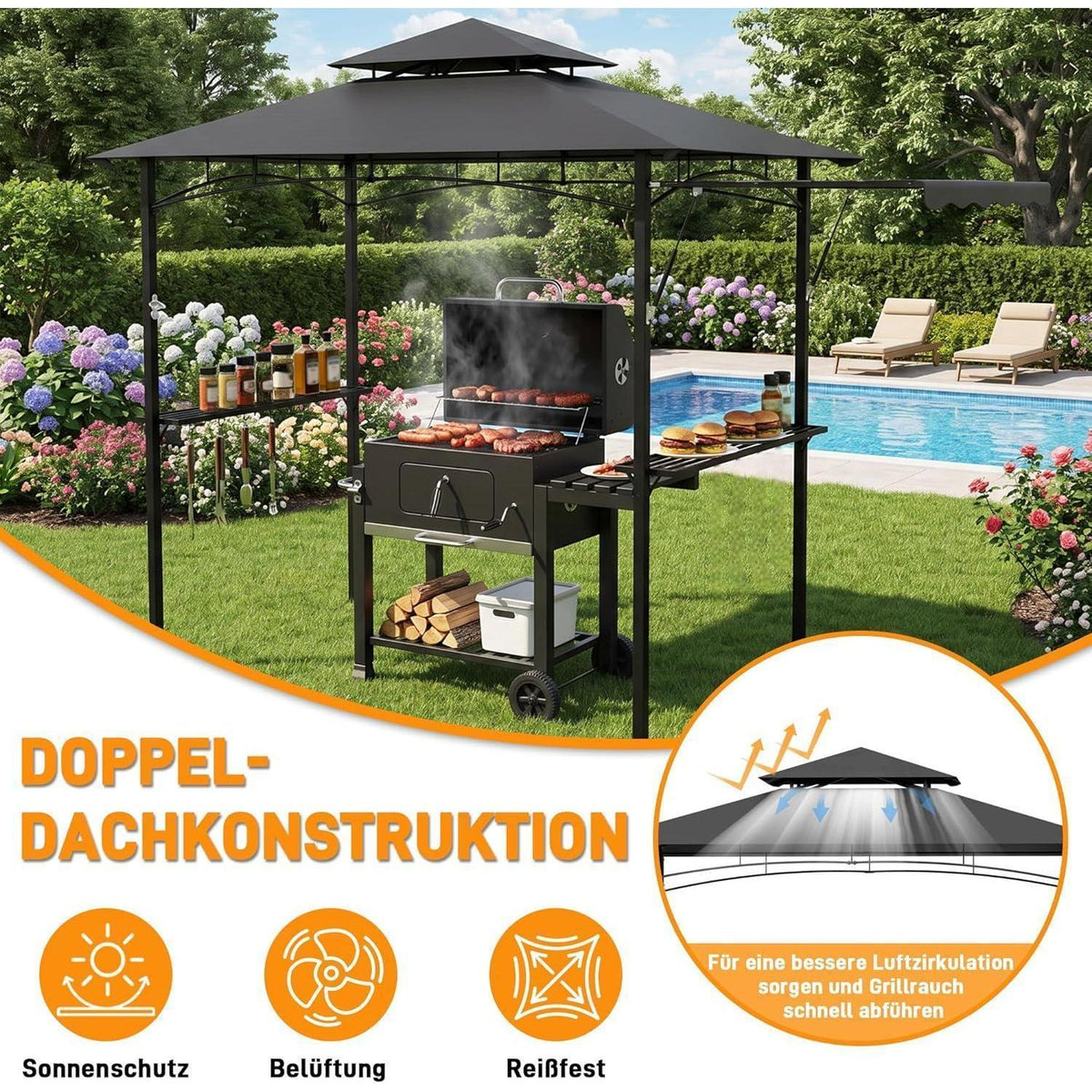 Grillpavillon mit Seitenmarkise & Doppeldach – Grau