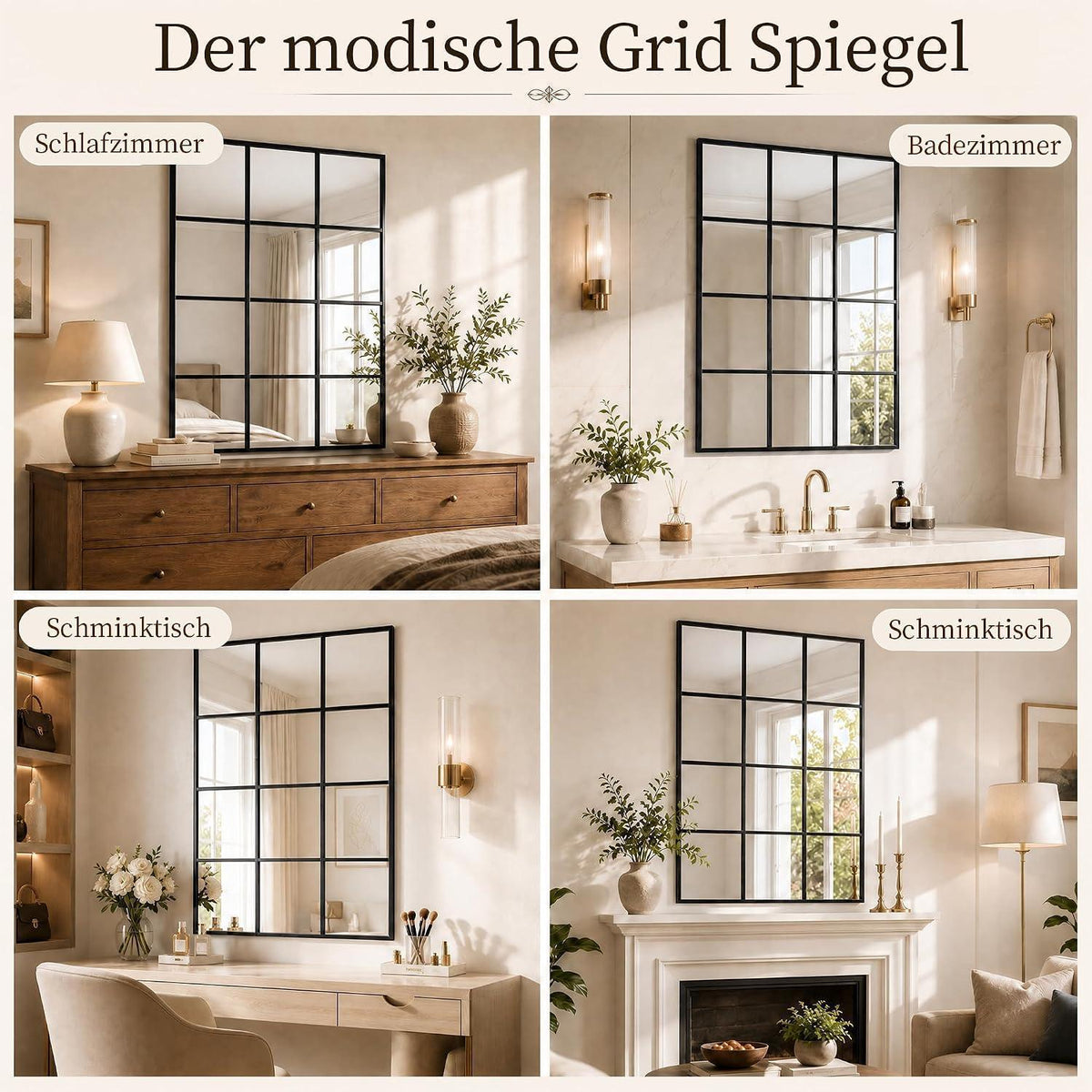 Rechteckiger Wandspiegel mit Gitter, Schwarz 100x75 cm