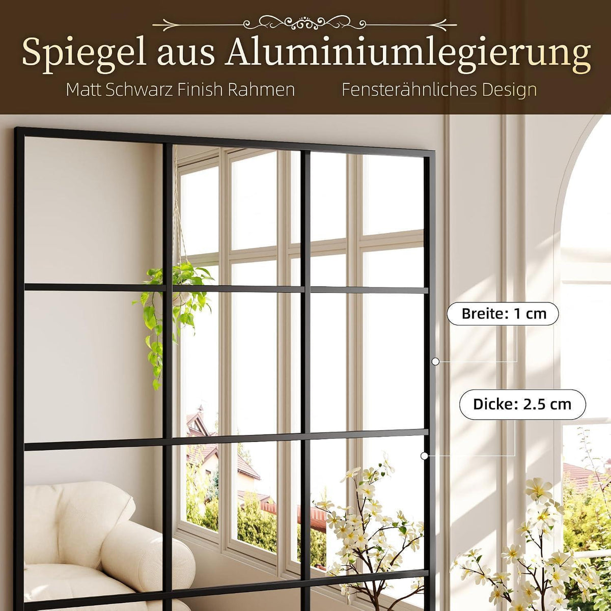 Rechteckiger Wandspiegel mit Gitter, 90x60cm, Schwarz